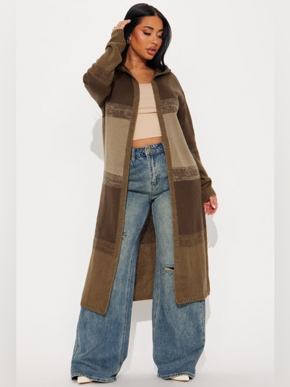 Fashion Nova Longline Colorblock Cardigan in Brown and Beige